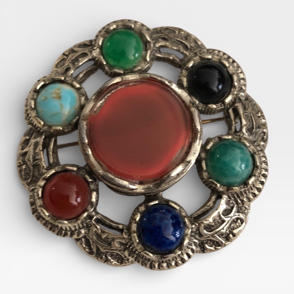 Vintage Scottish Celtic Multicolored Stone Brooch